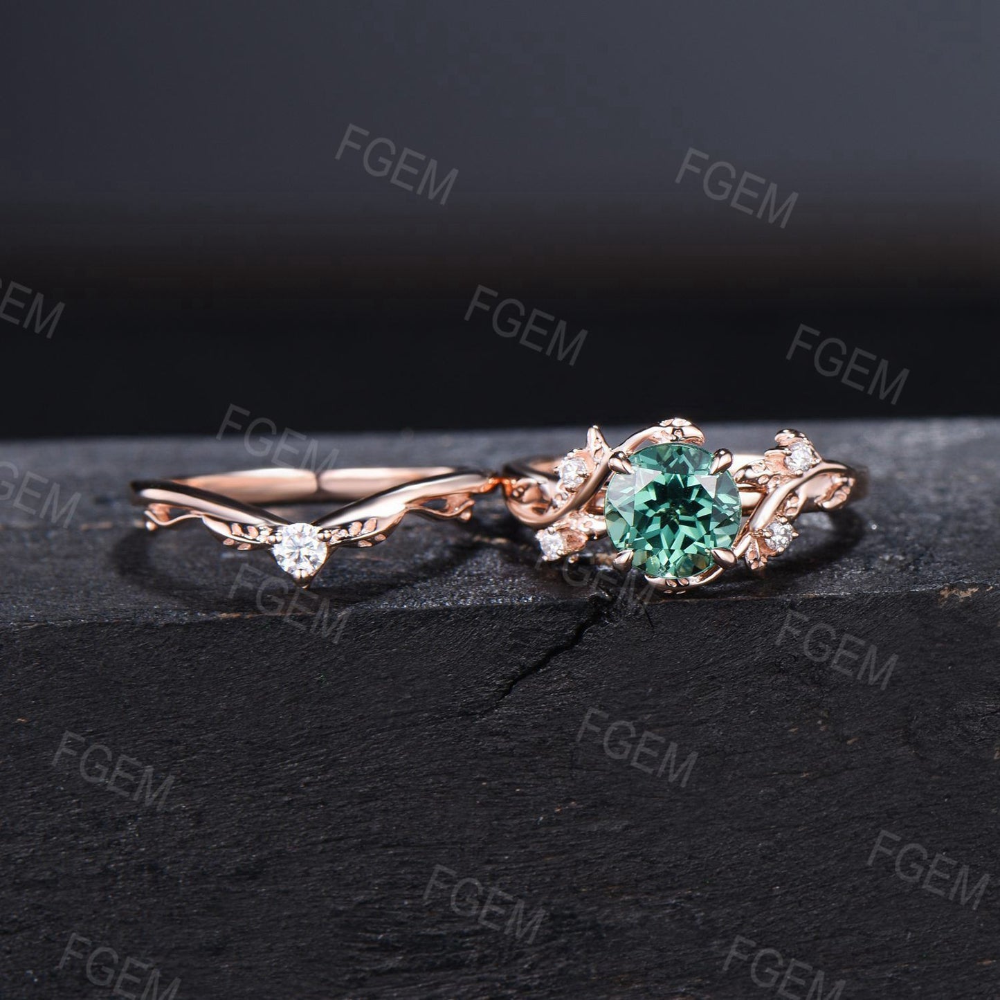 Round Green Sapphire Emerald Leaf Ring Set Green Blue Montana Teal Sapphire Branch Engagement Ring Anniversary Gifts