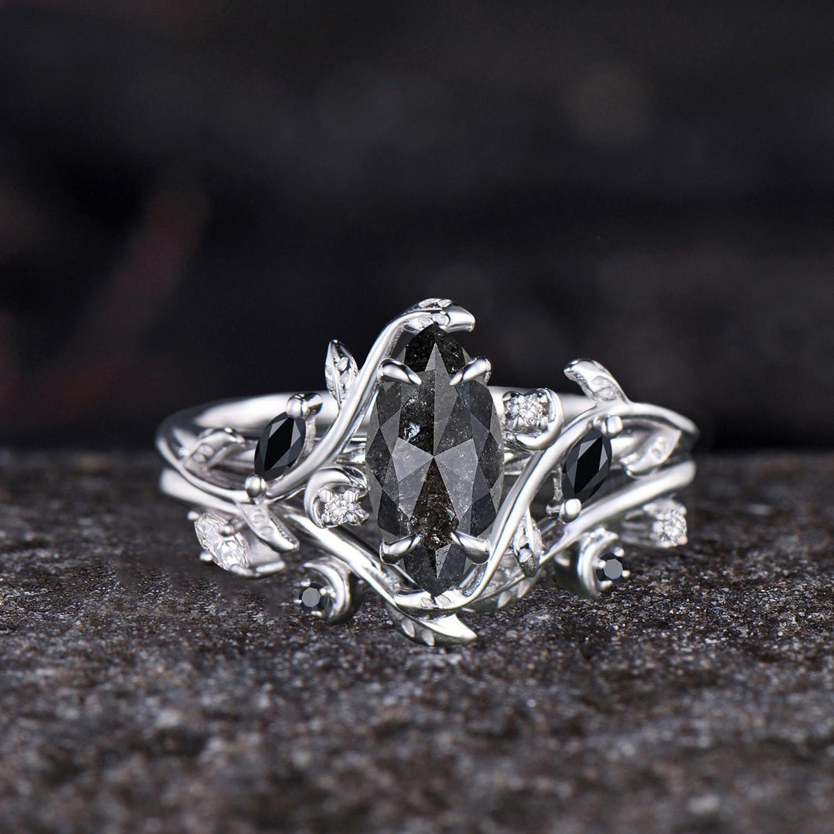 Marquise Cut Natural Salt And Pepper Diamond Engagement Ring Set Moon Vine 14k White Gold Black Spinel Bridal Wedding Ring Set