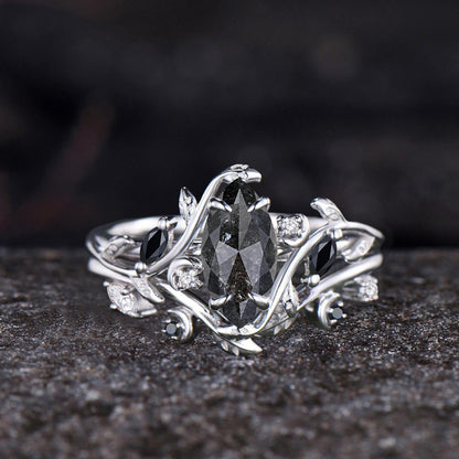 Marquise Cut Natural Salt And Pepper Diamond Engagement Ring Set Moon Vine 14k White Gold Black Spinel Bridal Wedding Ring Set