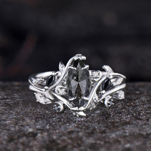 Marquise Cut Natural Salt And Pepper Diamond Engagement Ring Set Moon Vine 14k White Gold Black Spinel Bridal Wedding Ring Set
