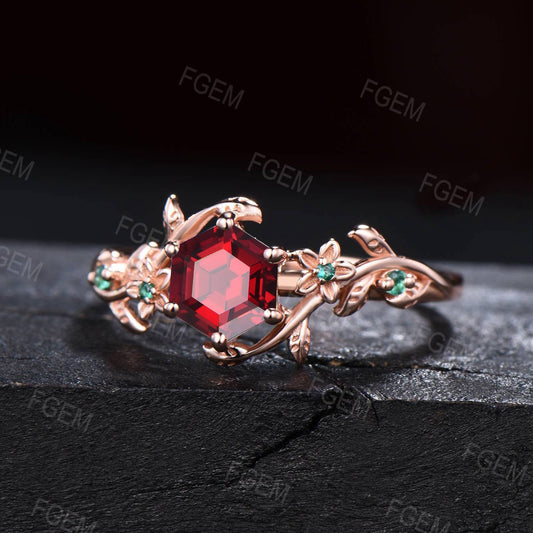 Branch Floral Ruby Gemstone Jewelry 10K Rose Gold Nature Inspired Hexagon Ruby Emerald Engagement Rings Anniversary Ring For Women July Birthstone Gift