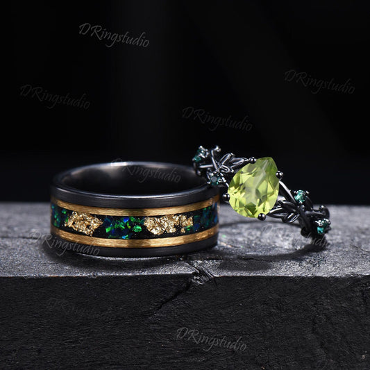 2pcs Pear Peridot Emerald Couple Rings Set Nature Inspired Black Gold Wedding Ring Tungsten Ring His and Hers Wedding Band Anniversary Gift