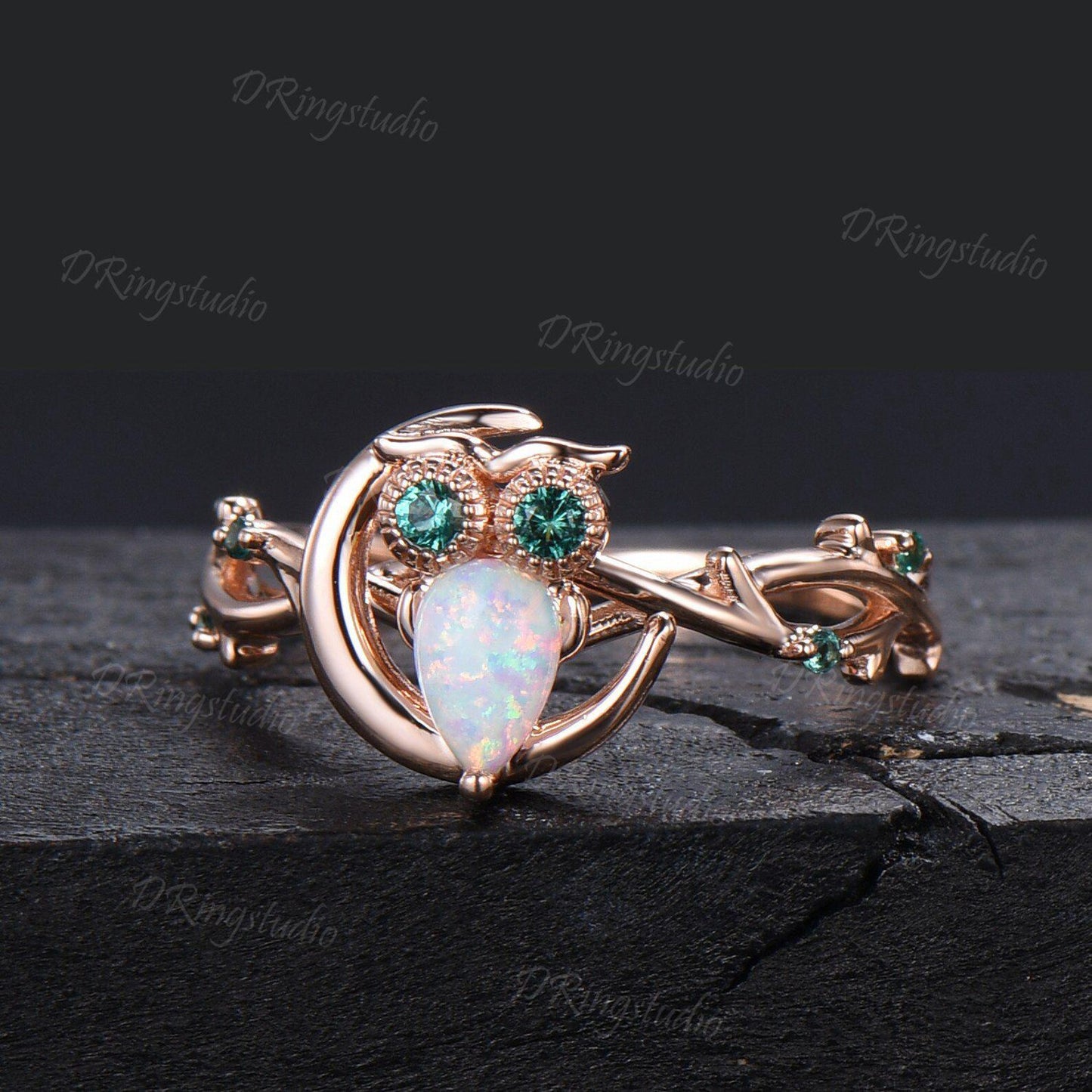 Nature Inspired Pear Cut White Opal Ring Cute Owl Engagement Ring Set Vintage Unique Crescent Moon Wedding Ring Green Emerald Wedding Ring