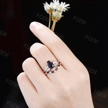 Unique Coffin Starry Sky Blue Sandstone Engagement Ring Set Marquise Moissanite Cluster Bridal Set Opal Blue Goldstone Jewelry Proposal Gift