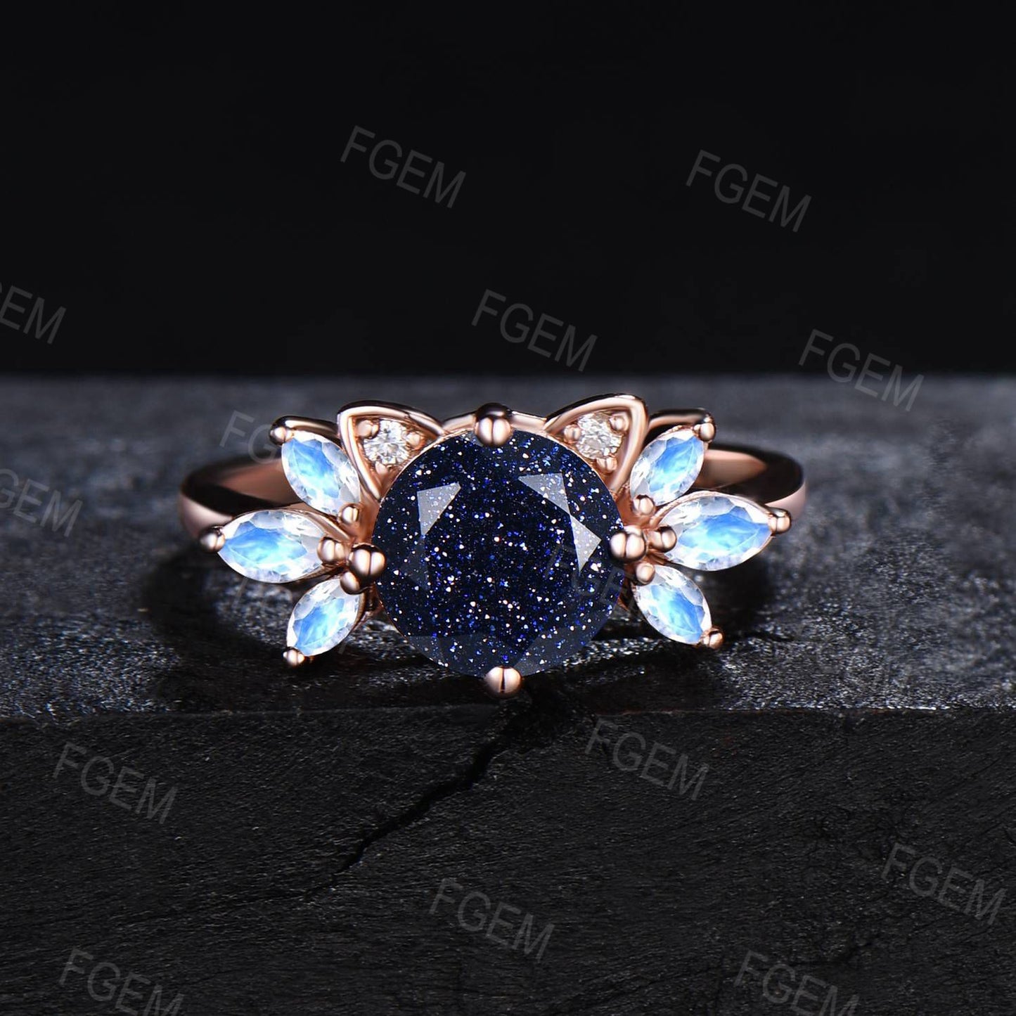 Cat Round Blue Sandstone Engagement Ring Unique Kitten Starry Goldstone Moonstone Wedding Ring Gold Cat Ring Proposal Gifts For Cat Lovers