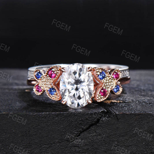 Dainty Butterfly Moissanite Engagement Ring Set 1.5CT Oval Moissanite Bridal Ring 14K Gold Wedding Ring Unique Sapphire Ruby Stacking Ring