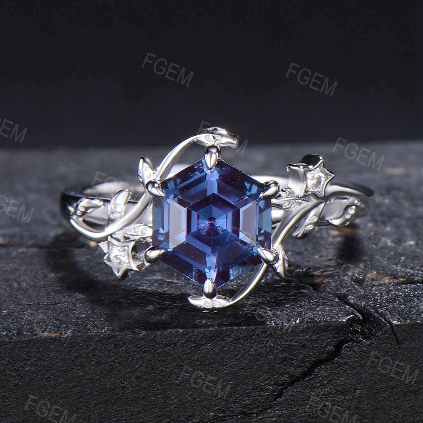 Celtic Moon Star Alexandrite Ring Set 1ct Hexagon Cut Color-Change Alexandrite Engagement Ring Leaf Branch Moissanite Bridal Set