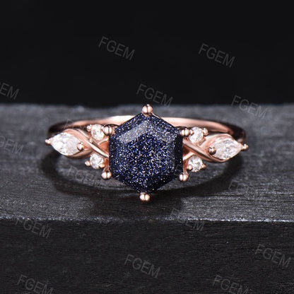 Hexagon Cut Blue Sandstone Engagement Ring Set Infinity Cluster Moissanite Ring Celtic Blue Goldstone Bridal Set Crossover Ring Women Gifts