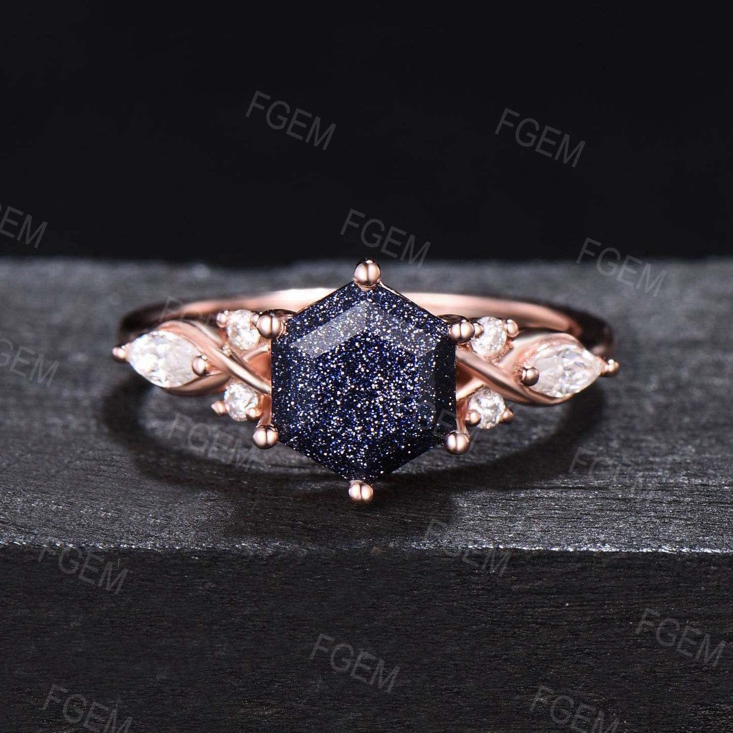 Hexagon Cut Blue Sandstone Engagement Ring Set Moissanite Ring Celtic Blue Goldstone Bridal Set Crossover Ring Women Gifts