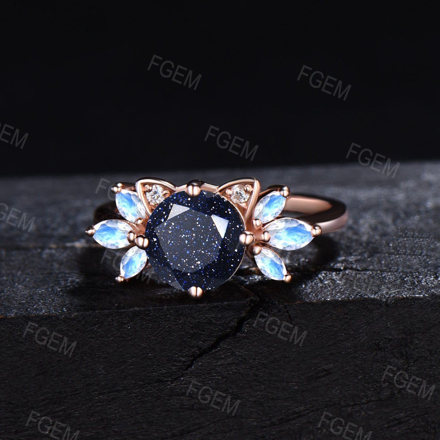 Cat Round Blue Sandstone Engagement Ring Unique Kitten Starry Goldstone Moonstone Wedding Ring Gold Cat Ring Proposal Gifts For Cat Lovers