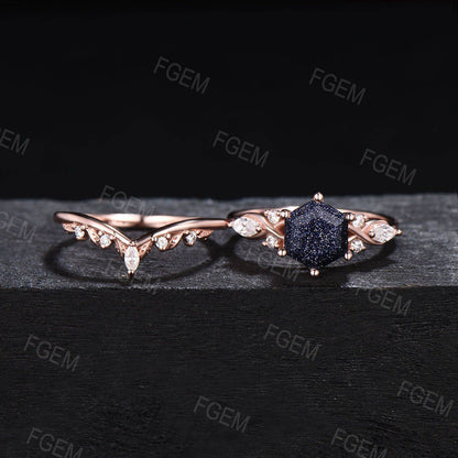 Hexagon Cut Blue Sandstone Engagement Ring Set Moissanite Ring Celtic Blue Goldstone Bridal Set Crossover Ring Women Gifts