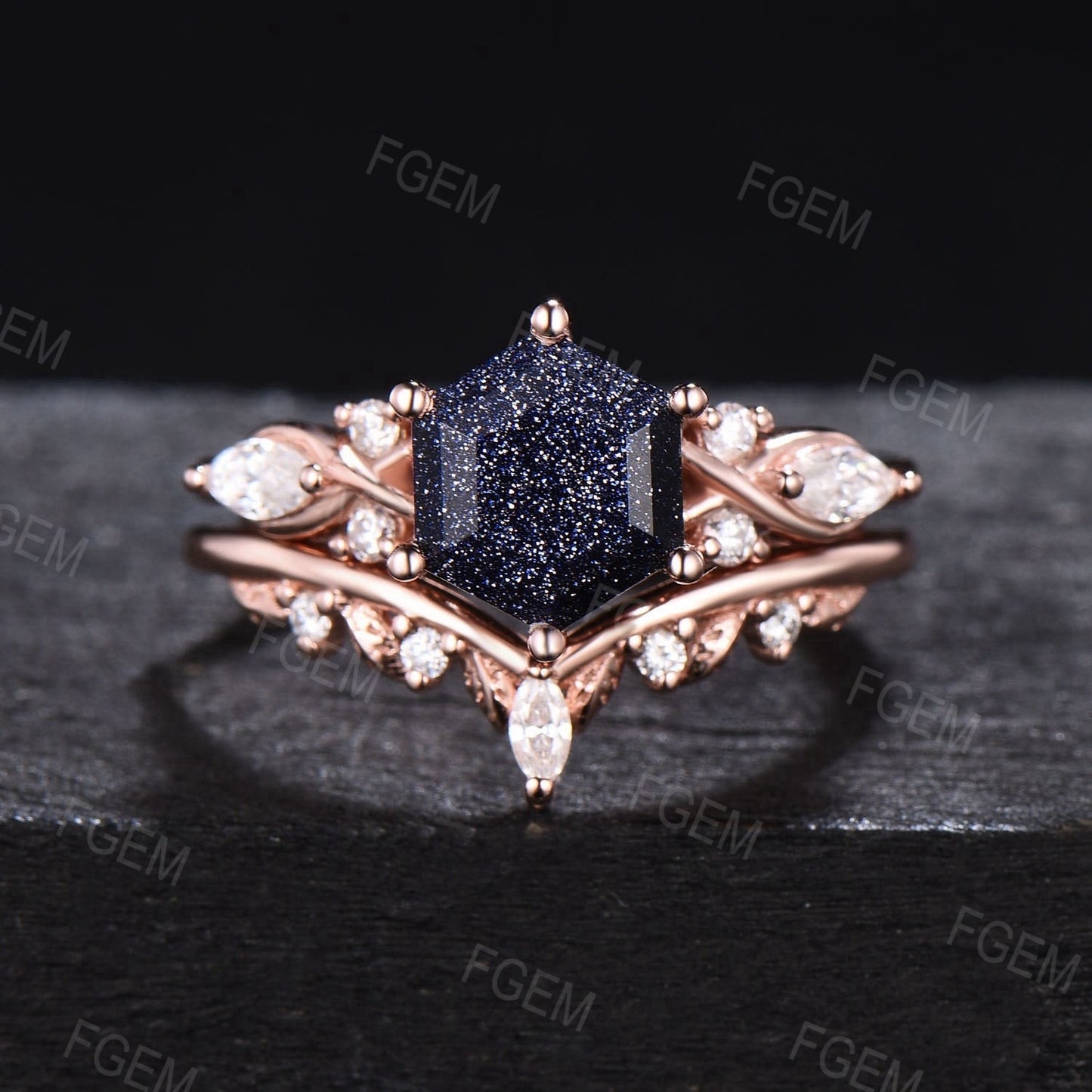 Hexagon Cut Blue Sandstone Engagement Ring Set Moissanite Ring Celtic Blue Goldstone Bridal Set Crossover Ring Women Gifts