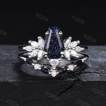 Unique Coffin Starry Sky Blue Sandstone Engagement Ring Set Marquise Moissanite Cluster Bridal Set Opal Blue Goldstone Jewelry Proposal Gift