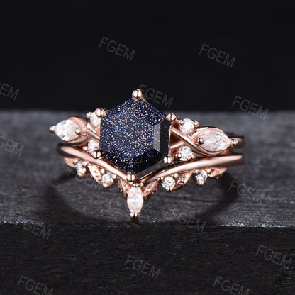 Hexagon Cut Blue Sandstone Engagement Ring Set Moissanite Ring Celtic Blue Goldstone Bridal Set Crossover Ring Women Gifts