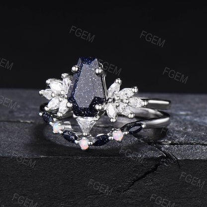 Unique Coffin Starry Sky Blue Sandstone Engagement Ring Set Marquise Moissanite Cluster Bridal Set Opal Blue Goldstone Jewelry Proposal Gift