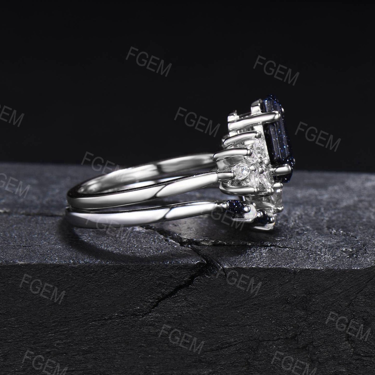 Unique Coffin Starry Sky Blue Sandstone Engagement Ring Set Marquise Moissanite Cluster Bridal Set Opal Blue Goldstone Jewelry Proposal Gift