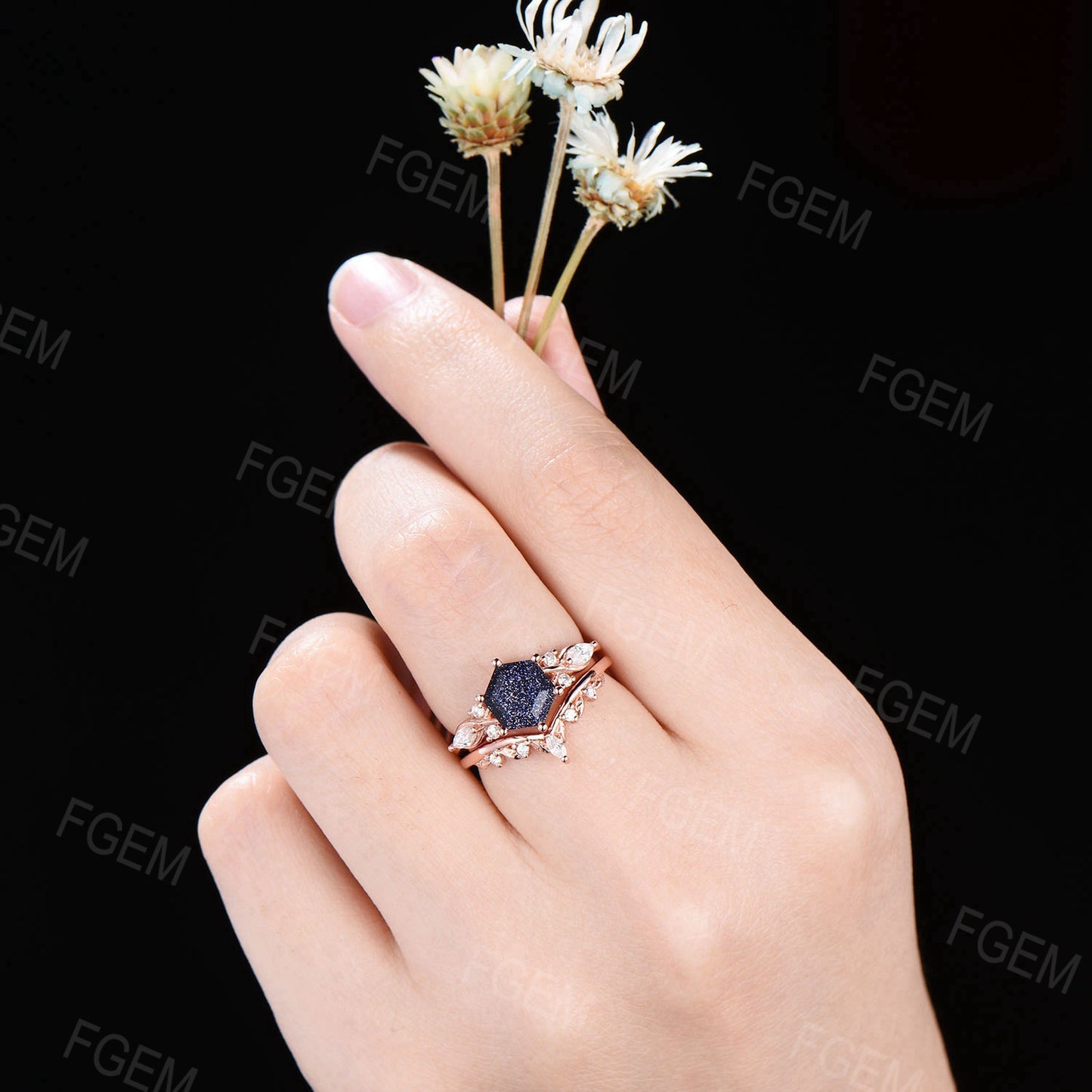 Hexagon Cut Blue Sandstone Engagement Ring Set Moissanite Ring Celtic Blue Goldstone Bridal Set Crossover Ring Women Gifts