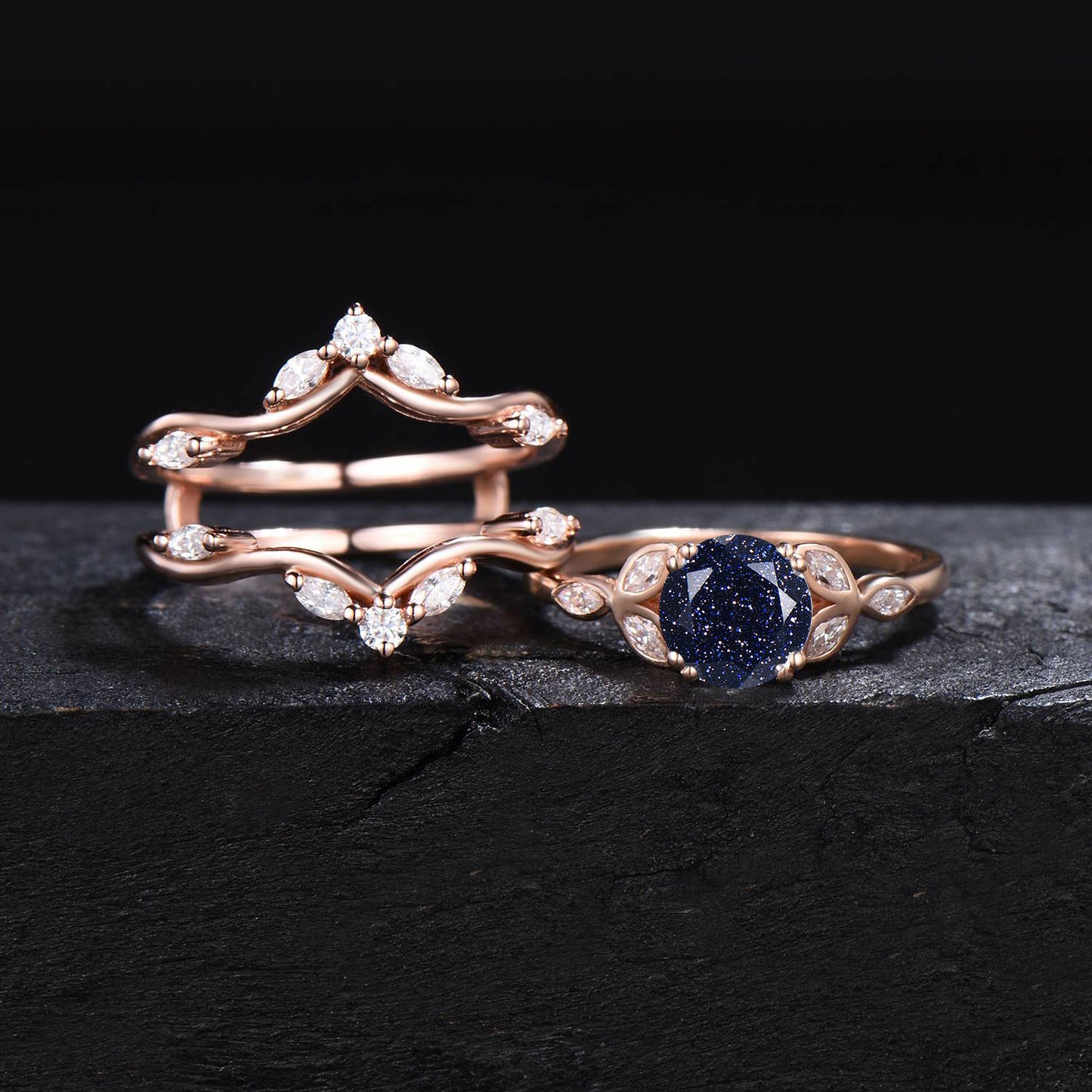 6.5mm Round Galaxy Blue Sandstone Engagement Ring Vintage Enhancer Guard Ring Set Moissanite Blue Goldstone Cluster Bridal Set Promise Gift