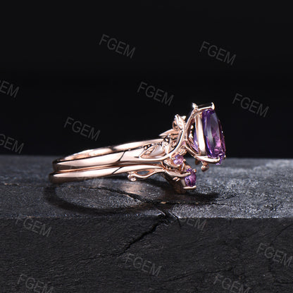 Nature Inspired Natural Amethyst Bridal Set 1.25ct Pear Shape Leaf Amethyst Engagement Ring Purple Crystal Wedding Ring Set Branch Twig Ring