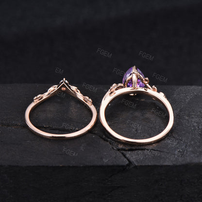 Nature Inspired Natural Amethyst Bridal Set 1.25ct Pear Shape Leaf Amethyst Engagement Ring Purple Crystal Wedding Ring Set Branch Twig Ring