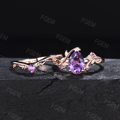 Nature Inspired Natural Amethyst Bridal Set 1.25ct Pear Shape Leaf Amethyst Engagement Ring Purple Crystal Wedding Ring Set Branch Twig Ring