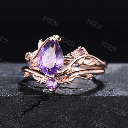 Nature Inspired Natural Amethyst Bridal Set 1.25ct Pear Shape Leaf Amethyst Engagement Ring Purple Crystal Wedding Ring Set Branch Twig Ring