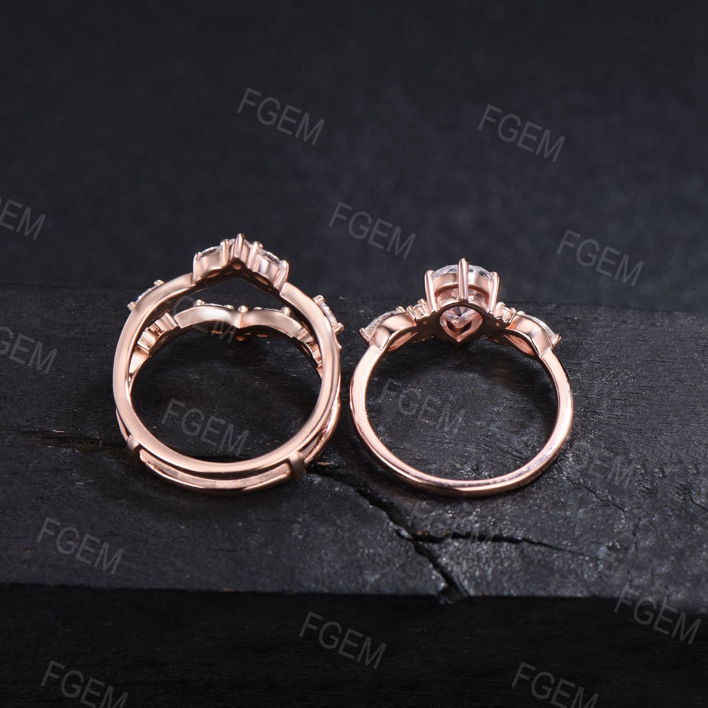 Natural Rose Quartz Engagement Ring Set Moissanite Cluster Bridal Set Rose Gold Enhancer Guard Wedding Ring Pink Crystal Ring Proposal Gift