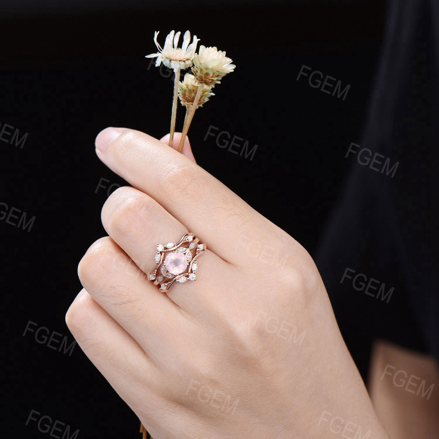 Natural Rose Quartz Engagement Ring Set Moissanite Cluster Bridal Set Rose Gold Enhancer Guard Wedding Ring Pink Crystal Ring Proposal Gift