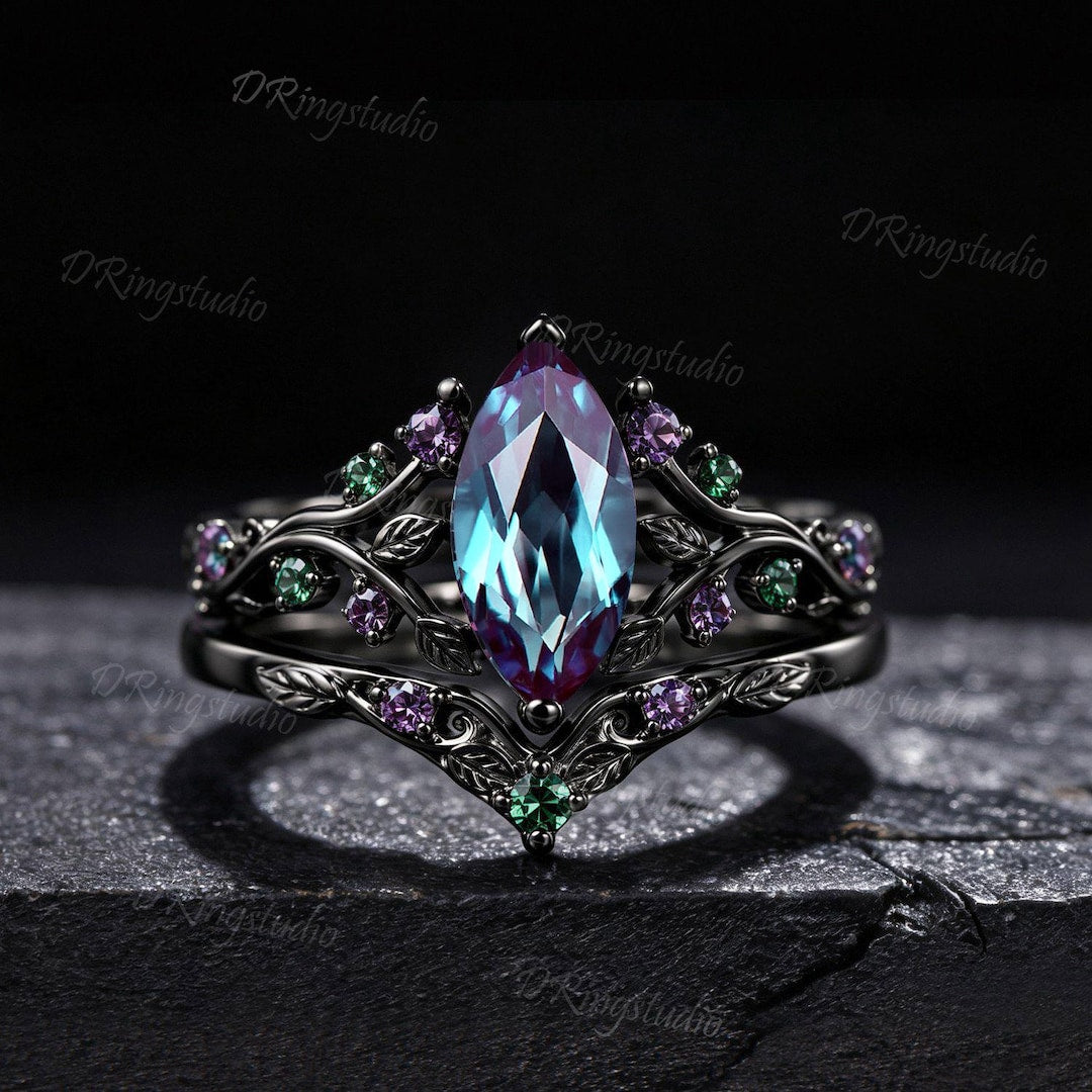 Nature Leaves Vine Marquise Alexandrite Engagement Ring Set Gothic Black Gold Split Shank Wedding Set Amethyst Emerald Cluster Bridal Ring