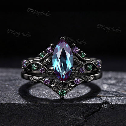 Nature Leaves Vine Marquise Alexandrite Engagement Ring Set Gothic Black Gold Split Shank Wedding Set Amethyst Emerald Cluster Bridal Ring