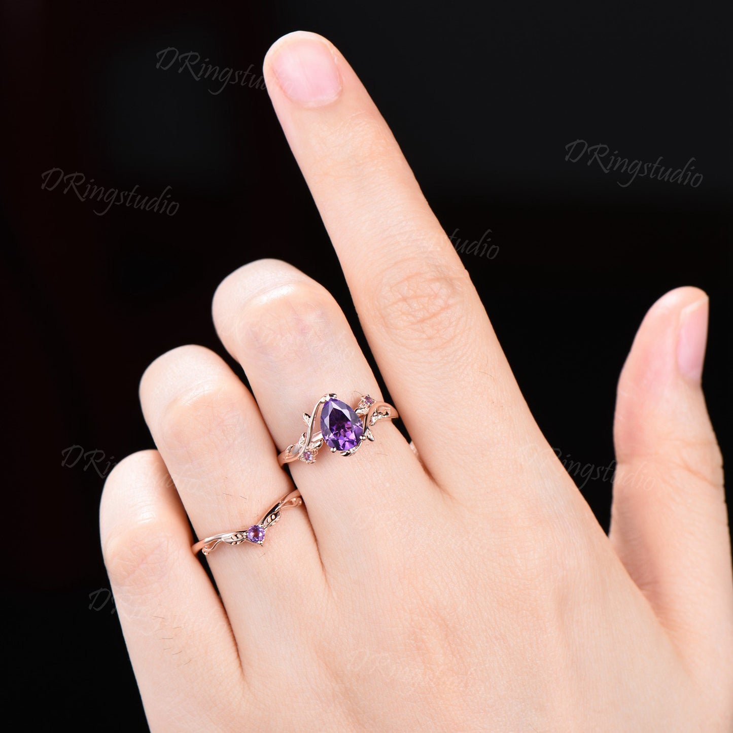 Nature Inspired Natural Amethyst Bridal Set 1.25ct Pear Shape Leaf Amethyst Engagement Ring Purple Crystal Wedding Ring Set Branch Twig Ring