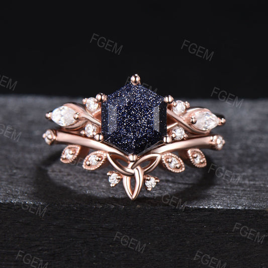 Hexagon Cut Blue Sandstone Engagement Ring Set Infinity Cluster Moissanite Ring Celtic Blue Goldstone Bridal Set Crossover Ring Women Gifts