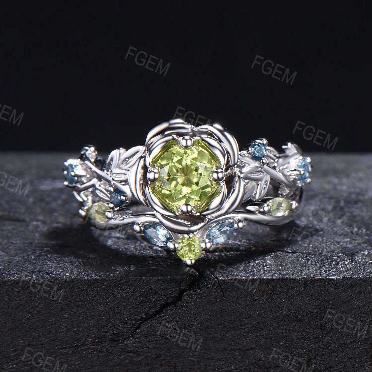 5MM Round Natural Peridot Emerald Topaz Wedding Ring Set Green Gemstone Jewelry Branch Rose Flower Peridot Ring Set Flower Engagement Ring