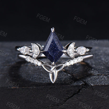 Celtic Galaxy Blue Sandstone Engagement Ring Set Trinity Knot Moissanite Bridal Set Kite Blue Goldstone Wedding Ring Anniversary Women Gift