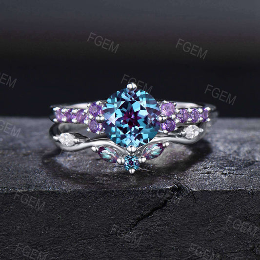 7mm Round Color Changing Alexandrite Engagement Ring 10k White Gold Cluster Amethyst Ring Unique Half Eternity Ring Proposal Gifts for Women