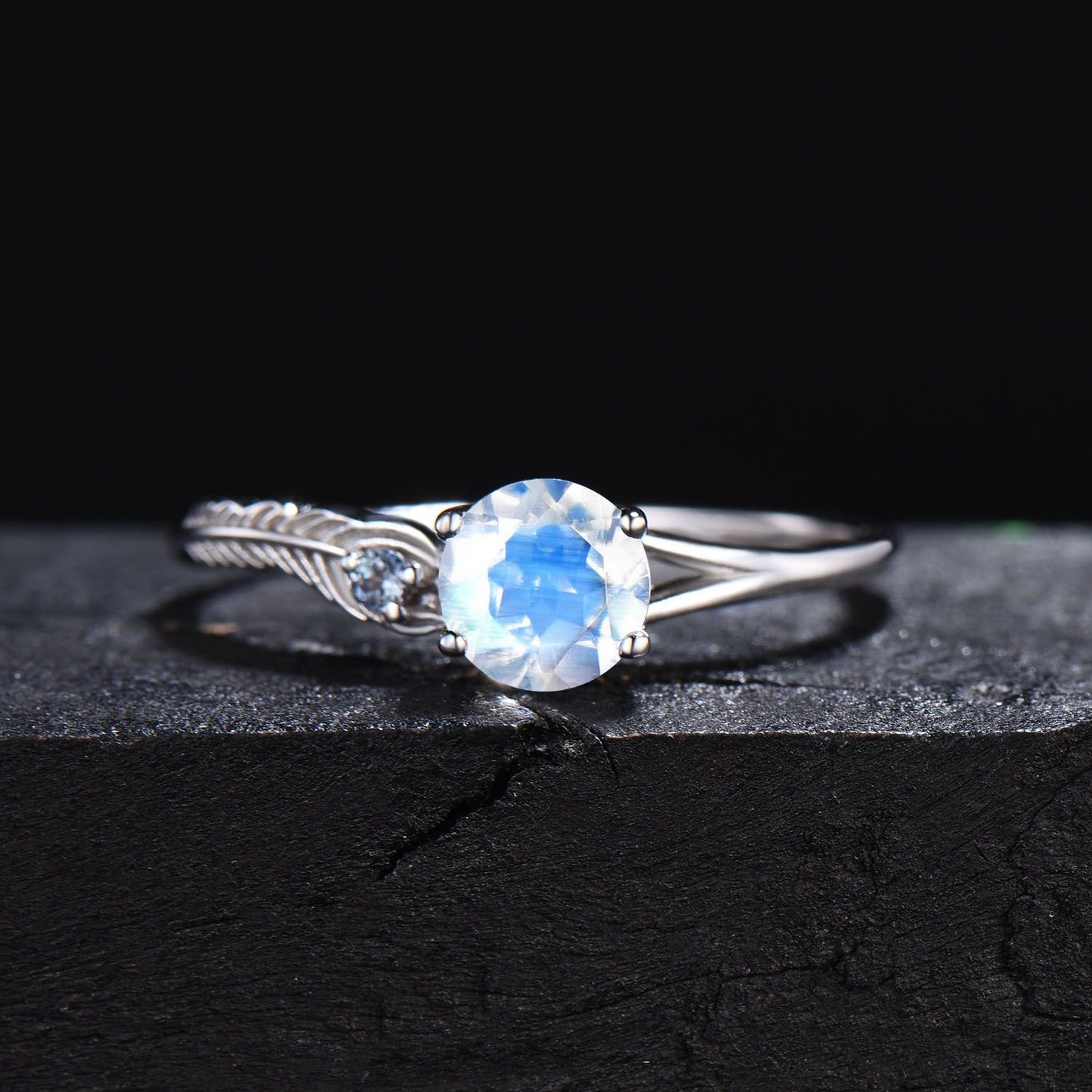 Peacock Feather Design Real Moonstone Alexandrite Wedding Ring Unique Feather Engagement Ring June Birthstone Jewelry Women Anniversary Gift