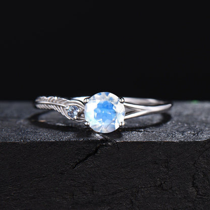 Peacock Feather Design Real Moonstone Alexandrite Wedding Ring Unique Feather Engagement Ring June Birthstone Jewelry Women Anniversary Gift