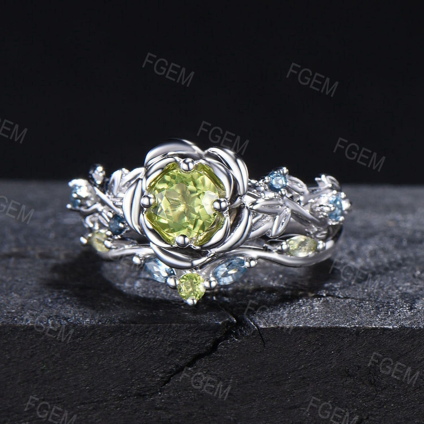 5MM Round Natural Peridot Emerald Topaz Wedding Ring Set Green Gemstone Jewelry Branch Rose Flower Peridot Ring Set Flower Engagement Ring