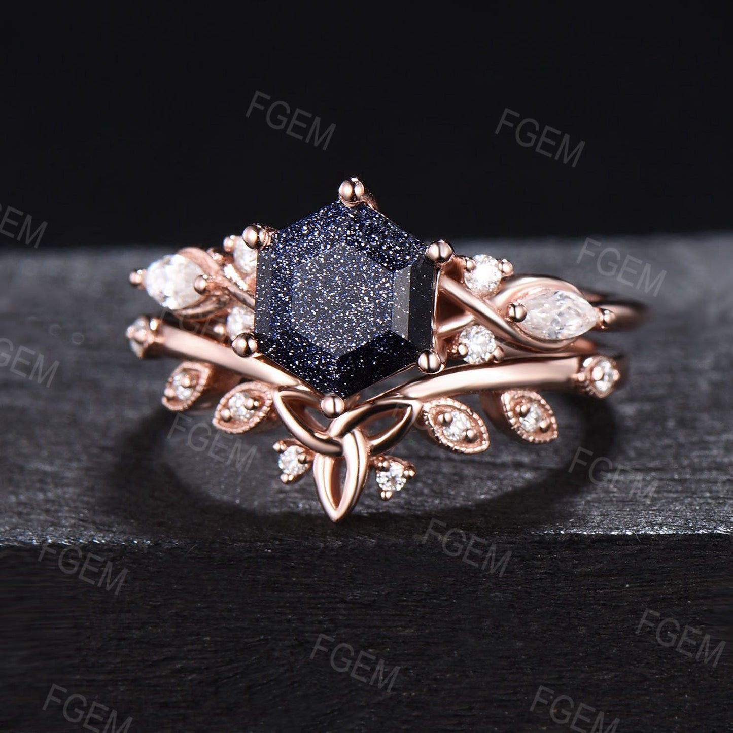 Hexagon Cut Blue Sandstone Engagement Ring Set Infinity Cluster Moissanite Ring Celtic Blue Goldstone Bridal Set Crossover Ring Women Gifts