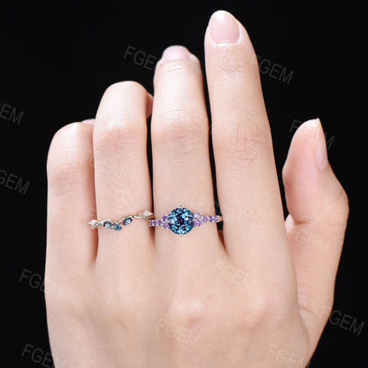 7mm Round Color Changing Alexandrite Engagement Ring 10k White Gold Cluster Amethyst Ring Unique Half Eternity Ring Proposal Gifts for Women