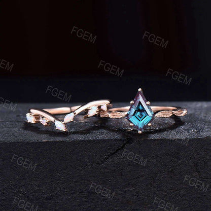 Kite Shaped Color-Change Alexandrite Ring Set Nature Inspired Leaf June Birthstone Bridal Set Unique Opal Wedding Set Proposal Women Gifts