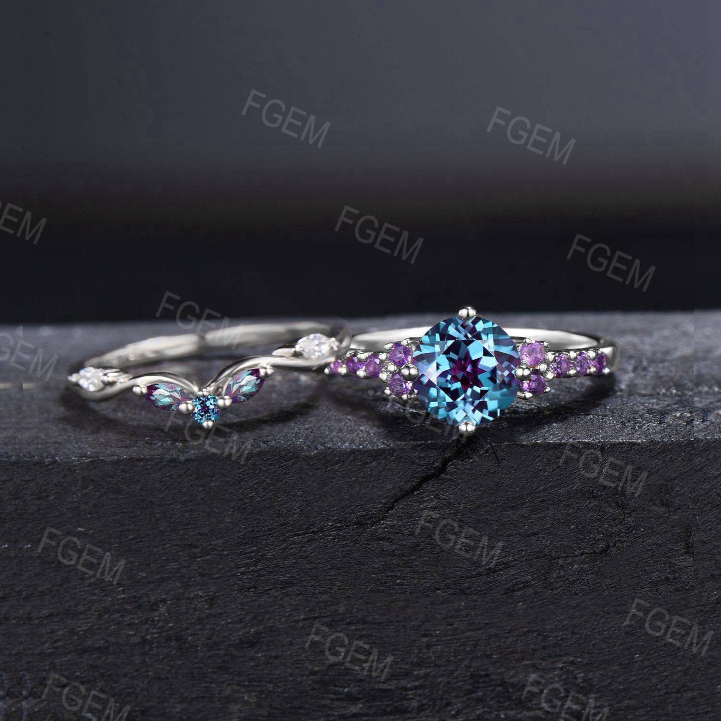 7mm Round Color Changing Alexandrite Engagement Ring 10k White Gold Cluster Amethyst Ring Unique Half Eternity Ring Proposal Gifts for Women