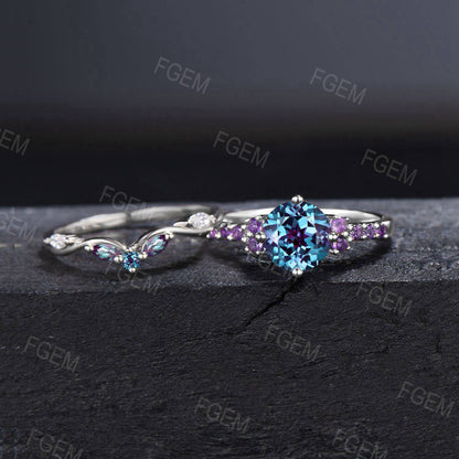 7mm Round Color Changing Alexandrite Engagement Ring 10k White Gold Cluster Amethyst Ring Unique Half Eternity Ring Proposal Gifts for Women