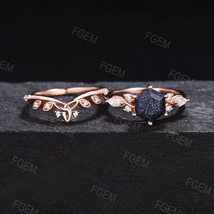 Hexagon Cut Blue Sandstone Engagement Ring Set Infinity Cluster Moissanite Ring Celtic Blue Goldstone Bridal Set Crossover Ring Women Gifts