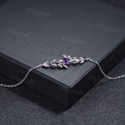 Nature inspired Pear Shaped Amethyst Bracelet Dainty Rose Gold Twig Leaf Vine Bracelet Art Deco Stackable Bracelet Birthday Gift For Women