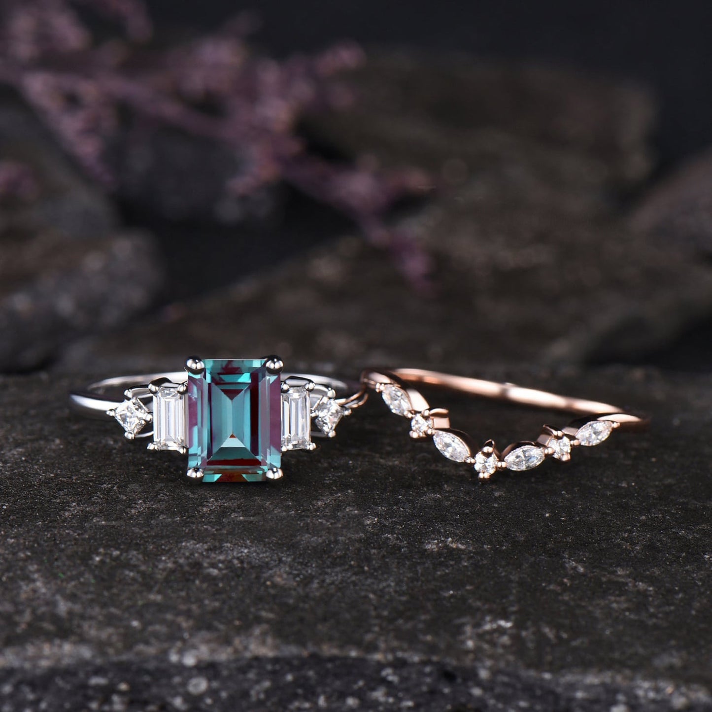 Emerald Shaped Alexandrite Engagement Ring Set Unique Baguette Princess Moissanite Five Stone Ring Vintage June Birthstone Anniversary Gift