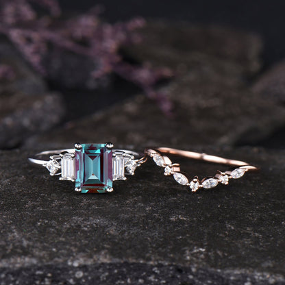 Emerald Shaped Alexandrite Engagement Ring Set Unique Baguette Princess Moissanite Five Stone Ring Vintage June Birthstone Anniversary Gift