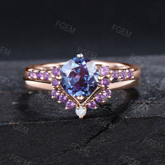 Vintage 7mm Round Alexandrite Engagement Ring 14k Rose Gold Alexandrite Cluster Ring Set Half Eternity Amethyst Bridal Set Anniversary Gift