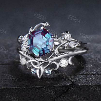 Celtic Moon Star Alexandrite Ring Set 1ct Hexagon Cut Color-Change Alexandrite Engagement Ring Leaf Branch Moissanite Bridal Set