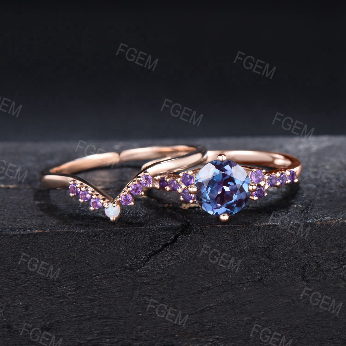 Vintage 7mm Round Alexandrite Engagement Ring 14k Rose Gold Alexandrite Cluster Ring Set Half Eternity Amethyst Bridal Set Anniversary Gift